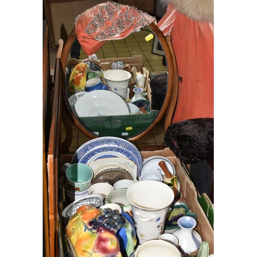 583 - THREE BOXES AND LOOSE VINTAGE FASHION, CERAMICS, PURSES, MIRROR AND SUNDRY ITEMS, to include a 1920s... 