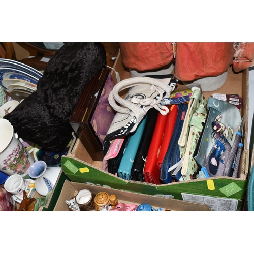 583 - THREE BOXES AND LOOSE VINTAGE FASHION, CERAMICS, PURSES, MIRROR AND SUNDRY ITEMS, to include a 1920s... 