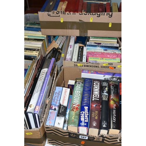 587 - FIVE BOXES OF BOOKS containing over 120 miscellaneous titles in hardback and paperback formats, subj... 