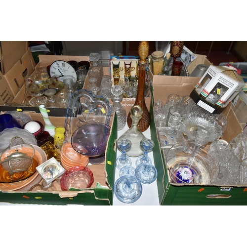 588 - FIVE BOXES OF GLASSWARE, to include a mid-century amber coloured 'Genie' bottle with stopper, a six ... 