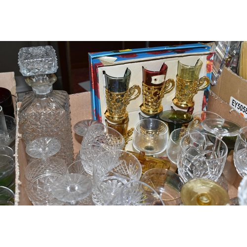 588 - FIVE BOXES OF GLASSWARE, to include a mid-century amber coloured 'Genie' bottle with stopper, a six ... 