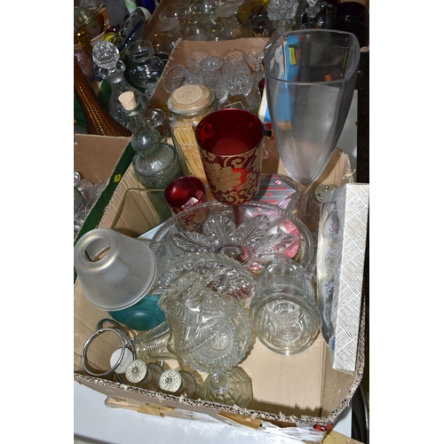 588 - FIVE BOXES OF GLASSWARE, to include a mid-century amber coloured 'Genie' bottle with stopper, a six ... 