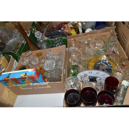 588 - FIVE BOXES OF GLASSWARE, to include a mid-century amber coloured 'Genie' bottle with stopper, a six ... 