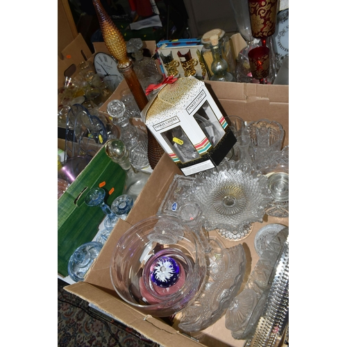 588 - FIVE BOXES OF GLASSWARE, to include a mid-century amber coloured 'Genie' bottle with stopper, a six ... 