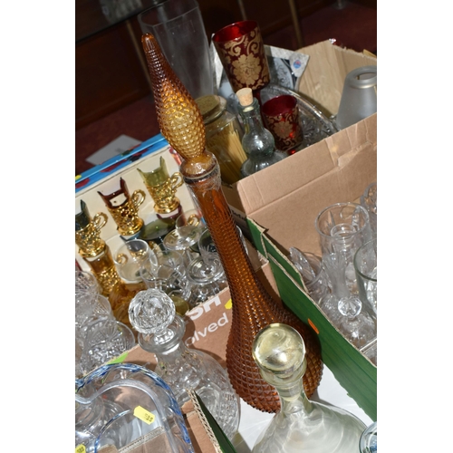 588 - FIVE BOXES OF GLASSWARE, to include a mid-century amber coloured 'Genie' bottle with stopper, a six ... 