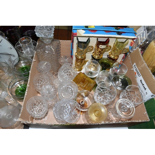 588 - FIVE BOXES OF GLASSWARE, to include a mid-century amber coloured 'Genie' bottle with stopper, a six ... 