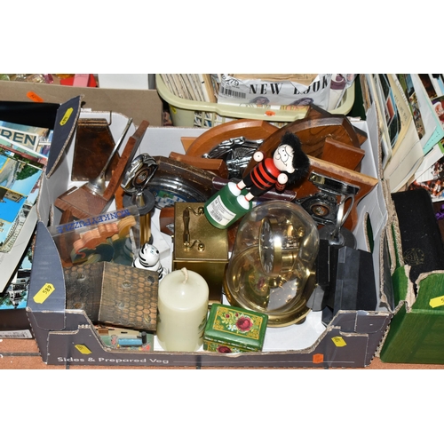 589 - FIVE BOXES OF MISCELLANEOUS SUNDRIES, to include a brown Bakelite string ball, metronome, mantel clo... 