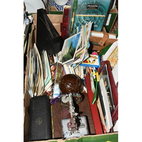 589 - FIVE BOXES OF MISCELLANEOUS SUNDRIES, to include a brown Bakelite string ball, metronome, mantel clo... 