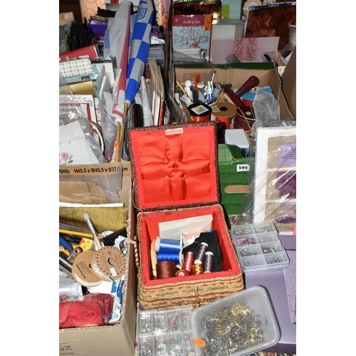 594 - FIVE BOXES AND LOOSE CRAFTING ITEMS ETC, to include ribbons, craft paints, stencils, metal embellish... 