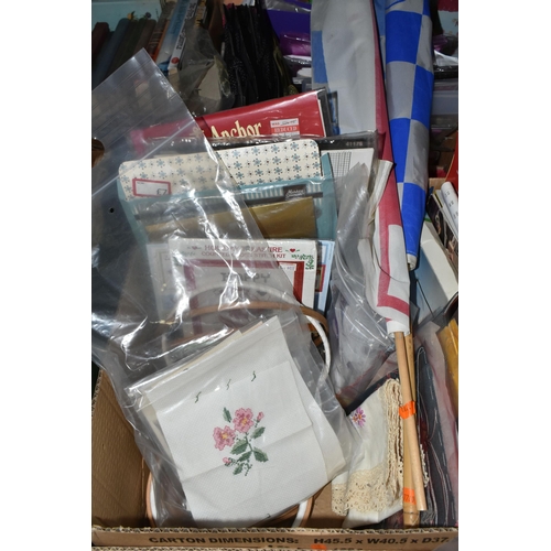 594 - FIVE BOXES AND LOOSE CRAFTING ITEMS ETC, to include ribbons, craft paints, stencils, metal embellish... 