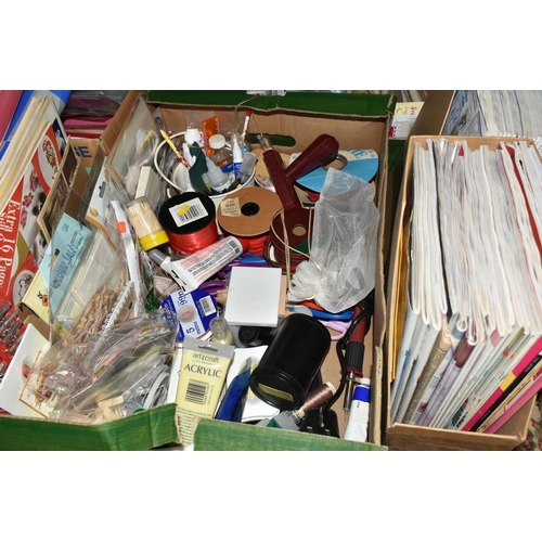 594 - FIVE BOXES AND LOOSE CRAFTING ITEMS ETC, to include ribbons, craft paints, stencils, metal embellish... 