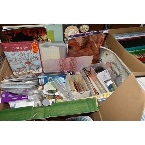 594 - FIVE BOXES AND LOOSE CRAFTING ITEMS ETC, to include ribbons, craft paints, stencils, metal embellish... 