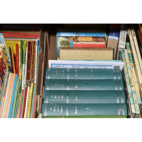 595 - FIVE BOXES OF BOOKS, containing a large quantity of Children's titles, annuals, stories, educational... 