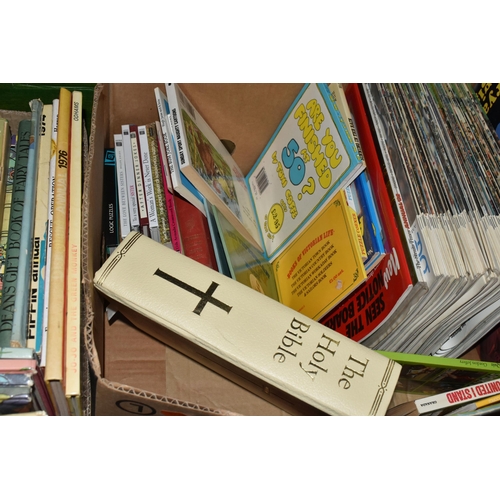 595 - FIVE BOXES OF BOOKS, containing a large quantity of Children's titles, annuals, stories, educational... 