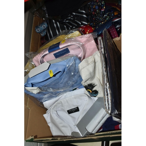 596 - FOUR BOXES AND LOOSE CLOTHING AND ACCESSORIES, to include a mid- century ladies blue vanity case, a ... 