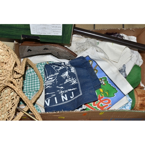 596 - FOUR BOXES AND LOOSE CLOTHING AND ACCESSORIES, to include a mid- century ladies blue vanity case, a ... 