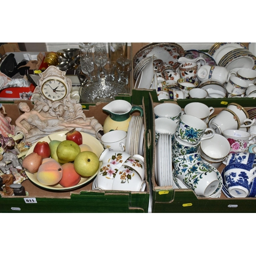 611 - FOUR BOXES OF TEAWARE AND CERAMICS, to include a quantity of crocheted ladies gloves, six stainless ... 