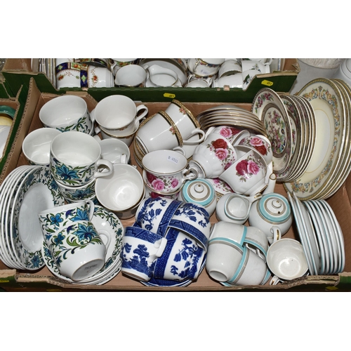 611 - FOUR BOXES OF TEAWARE AND CERAMICS, to include a quantity of crocheted ladies gloves, six stainless ... 