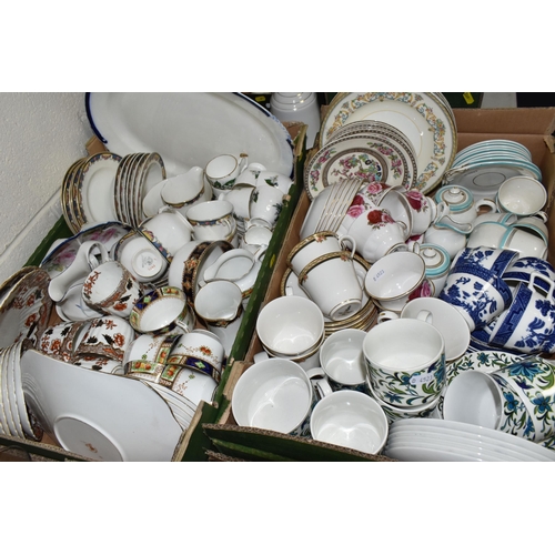 611 - FOUR BOXES OF TEAWARE AND CERAMICS, to include a quantity of crocheted ladies gloves, six stainless ... 