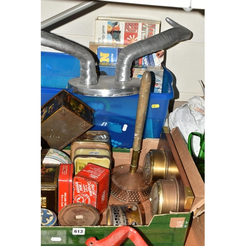 613 - TWO BOXES OF MISCELLANEOUS SUNDRIES, to include a set of cast aluminium wall hanging Buffalo Horns, ... 