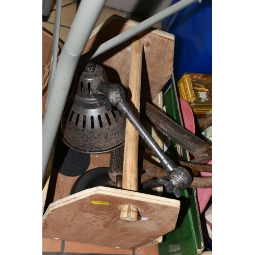 613 - TWO BOXES OF MISCELLANEOUS SUNDRIES, to include a set of cast aluminium wall hanging Buffalo Horns, ... 