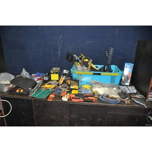 1058 - A TRAY CONTAINING HAND TOOLS including a Woolworths detail sander(untested), hammers, saws, a Record... 