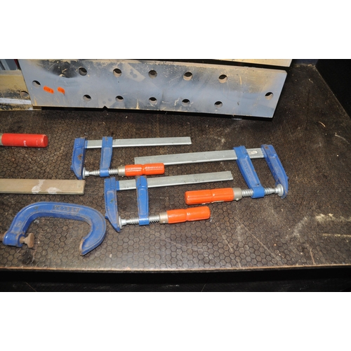 1070 - TWO RECORD 4 G CLAMPS, THREE DRAPER CLAMPS, a large clamp, two other g clamps and two work benches (... 