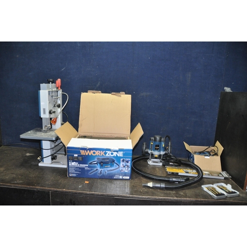 1100 - A WORKZONE BANDSAW, Blower vac in box, a Router, a Palm Router in box, a angle finding level and a d... 