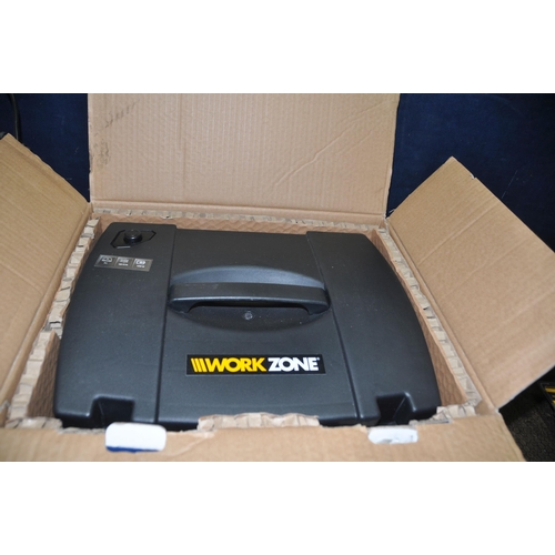 1100 - A WORKZONE BANDSAW, Blower vac in box, a Router, a Palm Router in box, a angle finding level and a d... 