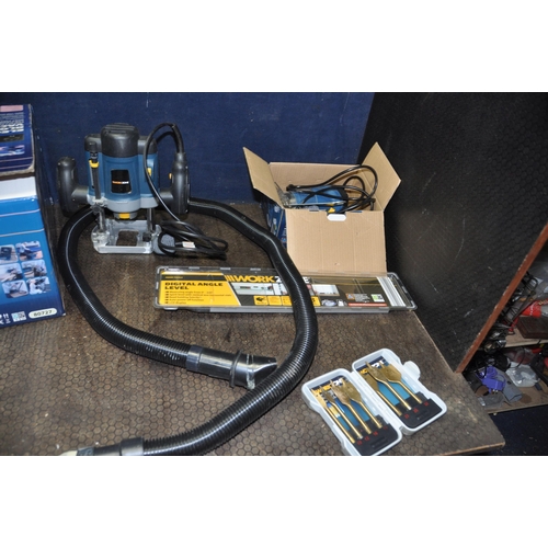 1100 - A WORKZONE BANDSAW, Blower vac in box, a Router, a Palm Router in box, a angle finding level and a d... 