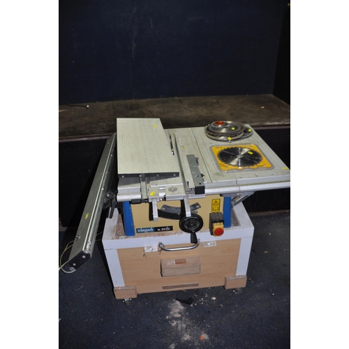 1107 - A SCHEPPACH TS2010 TABLE SAW attached to a bespoke dust extractor table with spare blades and table ... 