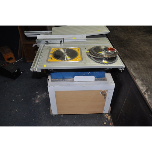 1107 - A SCHEPPACH TS2010 TABLE SAW attached to a bespoke dust extractor table with spare blades and table ... 