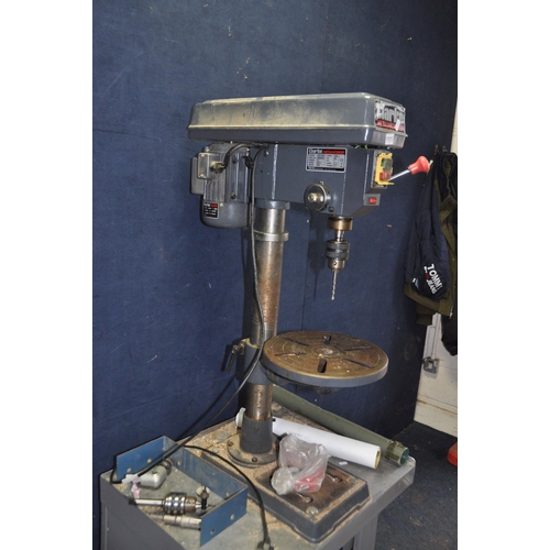 1111 - A CLARKE CDP3018 PILLAR DRILL on stand with   height and angle adjustable circular table, 80mm cut d... 