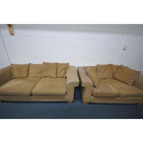 1331 - A BEIGE UPHOLSTERED TWO PIECE LOUNGE SUITE, comprising a three seater sofa, 214cm x depth 100cm x he... 