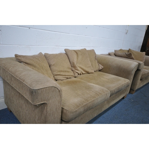 1331 - A BEIGE UPHOLSTERED TWO PIECE LOUNGE SUITE, comprising a three seater sofa, 214cm x depth 100cm x he... 