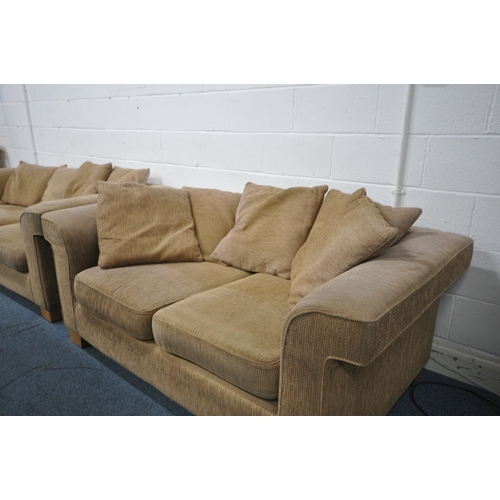 1331 - A BEIGE UPHOLSTERED TWO PIECE LOUNGE SUITE, comprising a three seater sofa, 214cm x depth 100cm x he... 