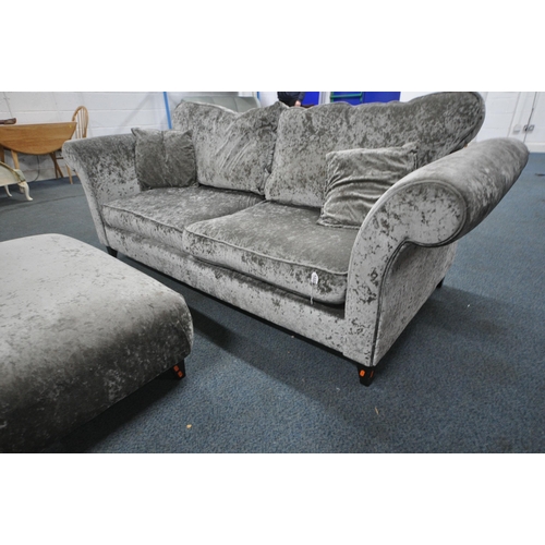 1332 - A DFS GREY UPHOLSTERED TWO PIECE SUITE, comprising a two seater sofa, with scrolled arms, length 213... 