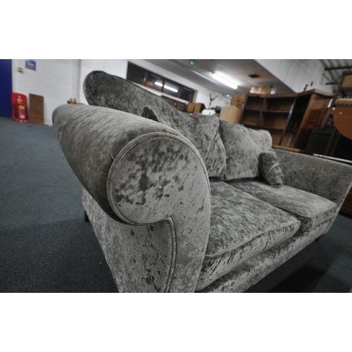 1332 - A DFS GREY UPHOLSTERED TWO PIECE SUITE, comprising a two seater sofa, with scrolled arms, length 213... 