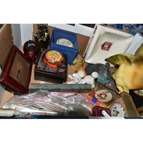 543 - TWO BOXES OF CERAMICS, GLASS, ADVERTISING AND SUNDRY ITEMS, to include a Butler's All Malt Stout des... 