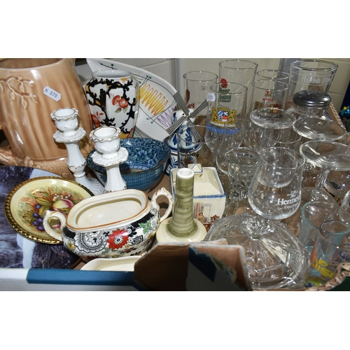 543 - TWO BOXES OF CERAMICS, GLASS, ADVERTISING AND SUNDRY ITEMS, to include a Butler's All Malt Stout des... 