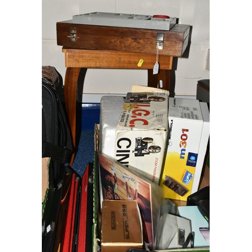 583 - TWO BOXES OF MISCELLANEOUS SUNDRIES, to include a B.C.E 'Alex Higgins' snooker cue with hard case, a... 