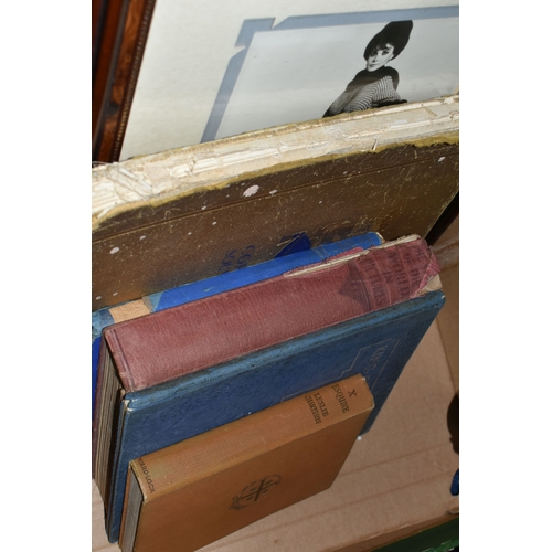 583 - TWO BOXES OF MISCELLANEOUS SUNDRIES, to include a B.C.E 'Alex Higgins' snooker cue with hard case, a... 