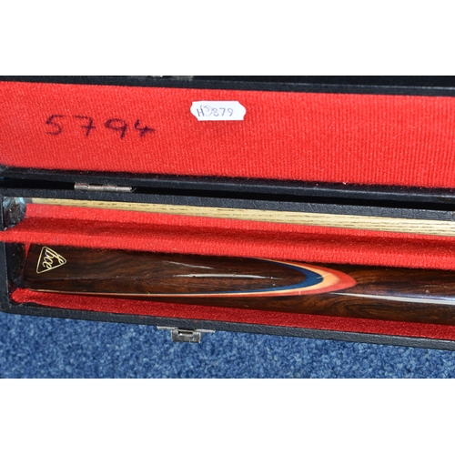 583 - TWO BOXES OF MISCELLANEOUS SUNDRIES, to include a B.C.E 'Alex Higgins' snooker cue with hard case, a... 