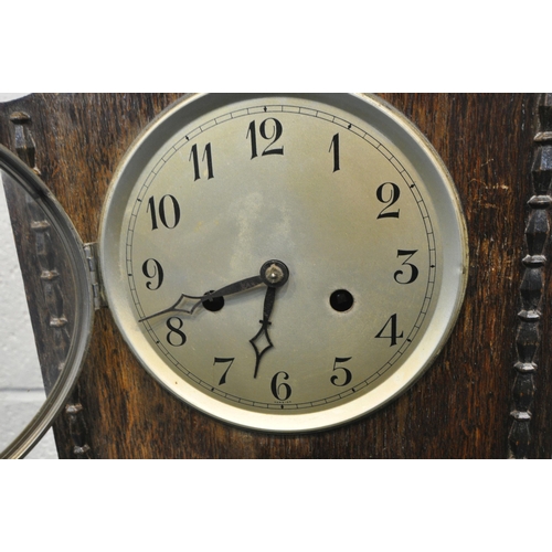 1206 - A 20TH CENTURY OAK CASED GRANDDAUGHTER CLOCK, with winding key and pendulum, height 136cm (condition... 