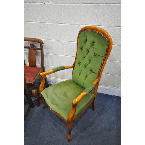 1218 - A PAIR OF REPRODUCTION BUTTON BACK ARMCHAIRS, with green studded upholstery, open armrests, on front... 