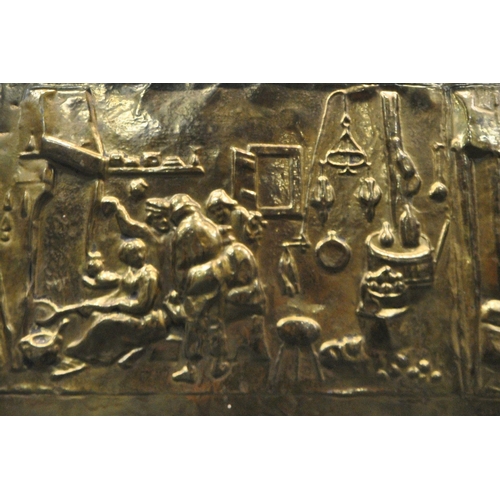 1227 - A 20TH CENTURY LOG BOX, the pressed brass depicting a variety of people, horses and buildings, with ... 