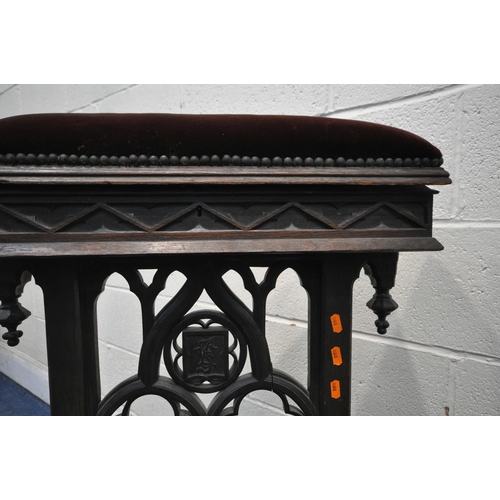 1232 - A 19TH CENTURY OAK CHURCH PRAYER KNEELER, with burgundy upholstered elbow rest and kneeling platform... 