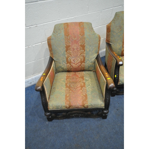 1236 - A PAIR OF 20TH CENTURY ARMCHAIRS, with scrolled armrests and stripped upholstery, with 70cm x depth ... 