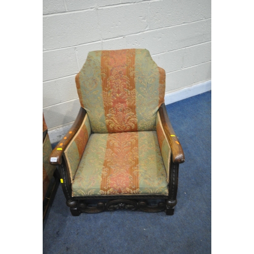 1236 - A PAIR OF 20TH CENTURY ARMCHAIRS, with scrolled armrests and stripped upholstery, with 70cm x depth ... 