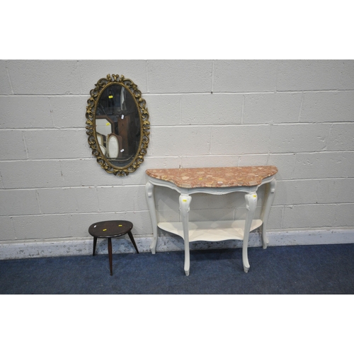 1241 - A WHITE PAINTED SERPENTINE MARBLE TOP SIDE TABLE, on cabriole legs, united by an undershelf, width 1... 